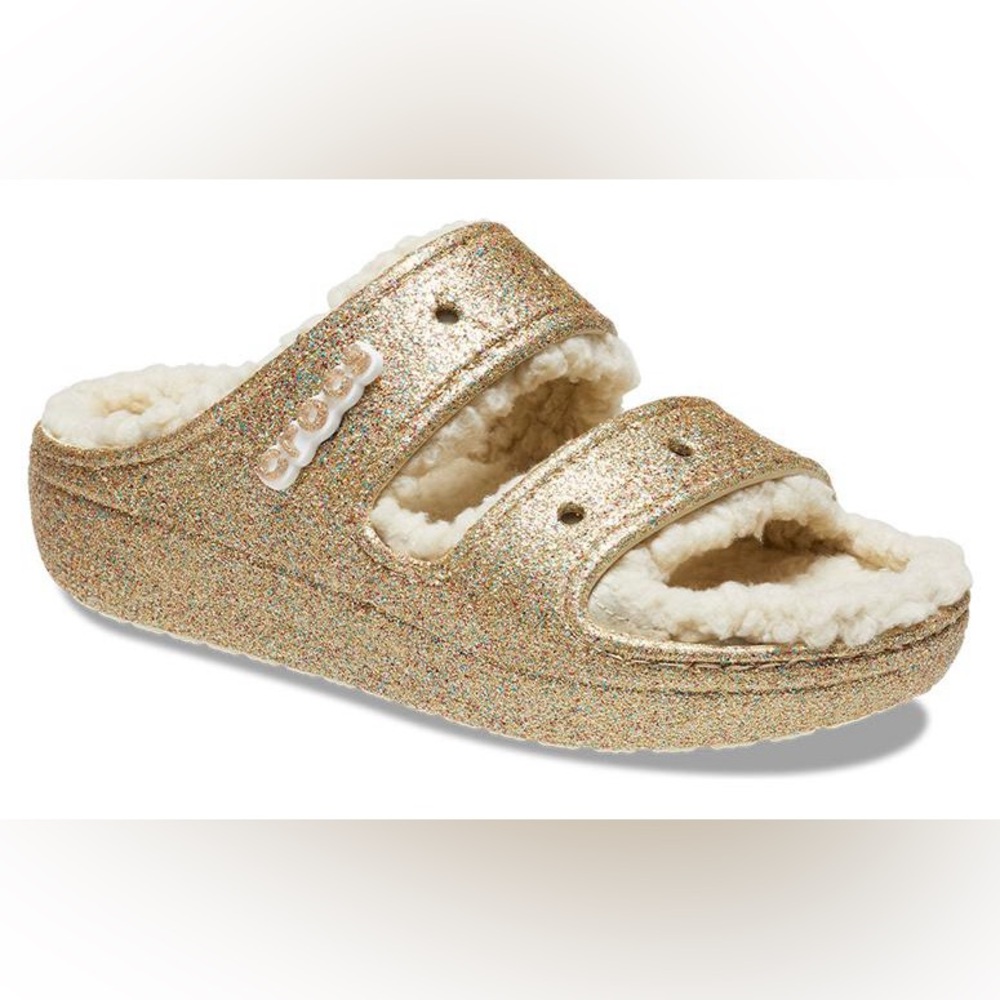 CROCS Classic Cozzzy Faux Fur Sandal Women's Glitter Multi Gold Slides